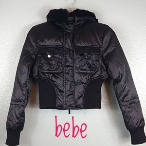 Bebe Black Crop Down Puffer Hooded Jacket Medium